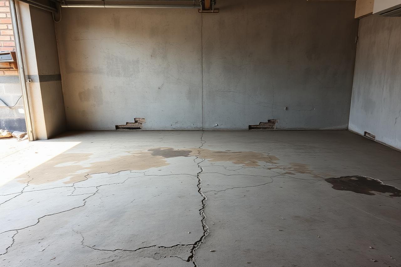 Cracked, stained bare concrete garage floor before epoxy coating in Connecticut