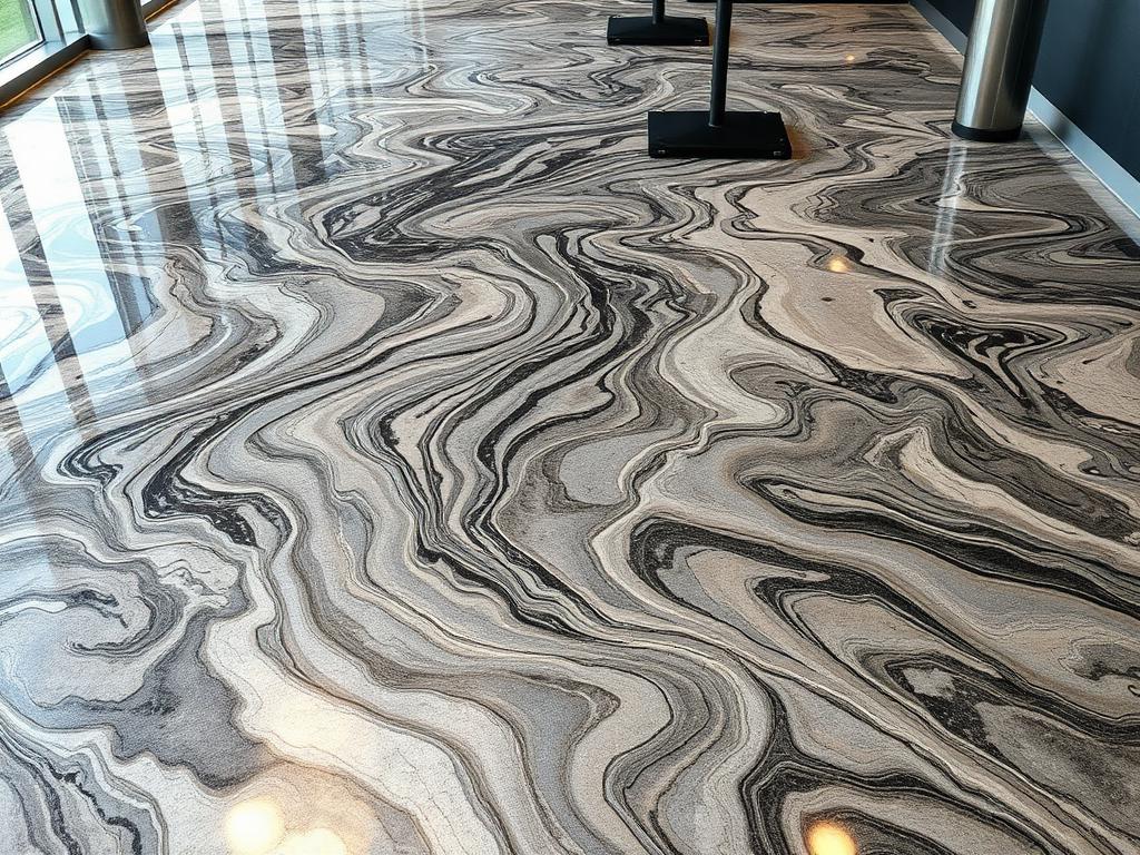 Silver and charcoal metallic epoxy floor with flowing marbled pigment effects