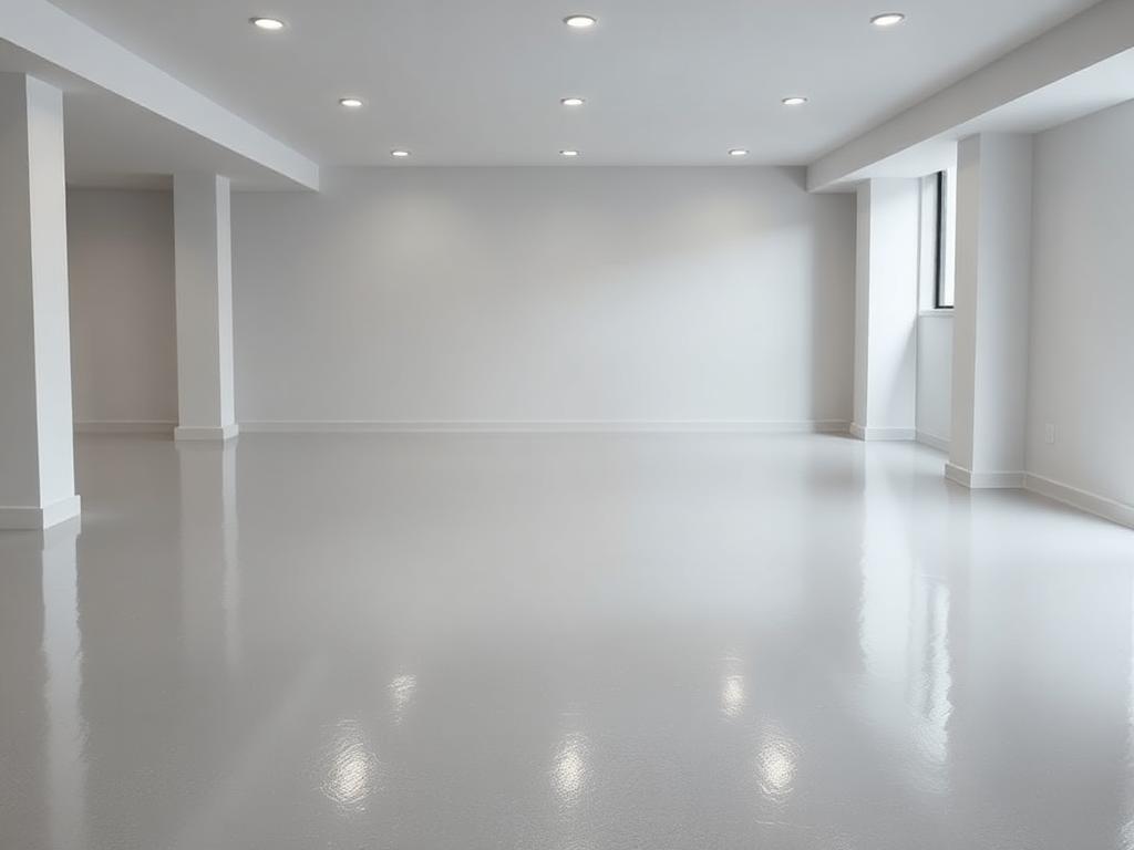 Seamless light gray solid color epoxy floor coating in a finished basement